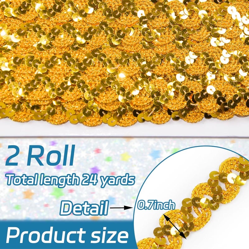 TACOLO Gold Sequin Ribbon Trim 24 Yards, 2 Rolls Flat Sequin Strip Trim Colored Fabric for Wedding Dress, Embellishments, Headband, Fringe - Image 2
